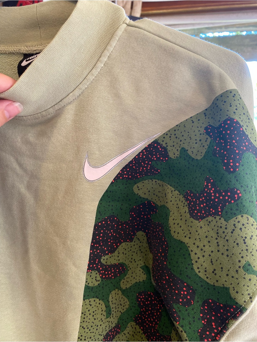 Nike Olive Green Cropped Crewneck Sweatshirt with Camo Panels - Picture 2 of 5